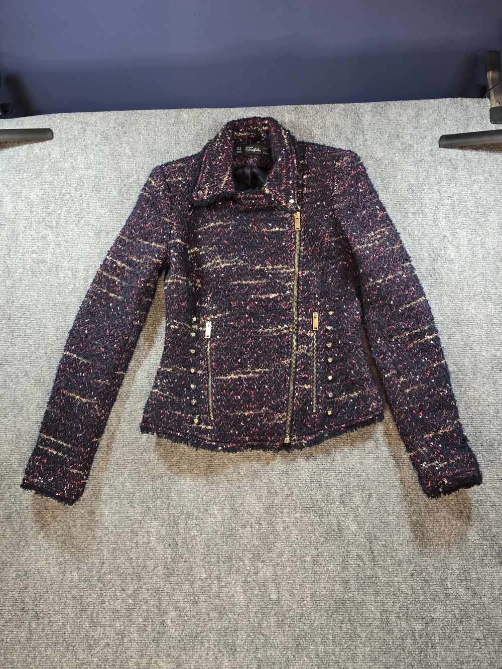 Zara Tweed Moto Jacket Womens XS Navy Multicolor Asymmetrical Zip